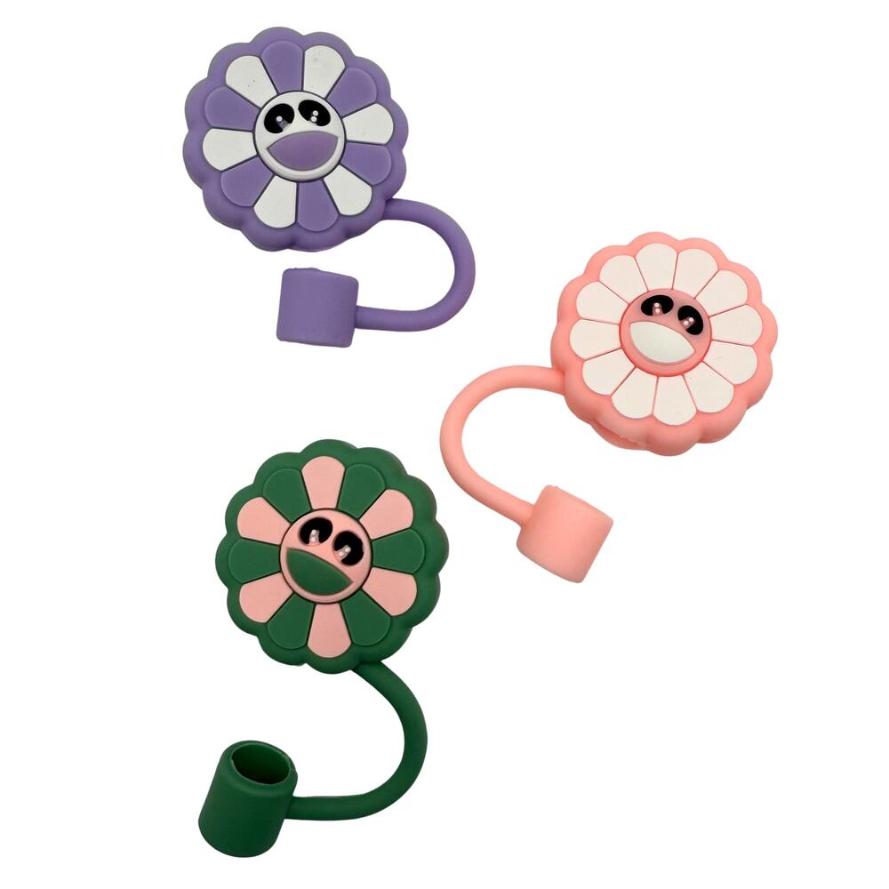 Smiley Flower Silicone Straw Toppers Set of 3 Fits 10mm Straws Cute Girly Floral